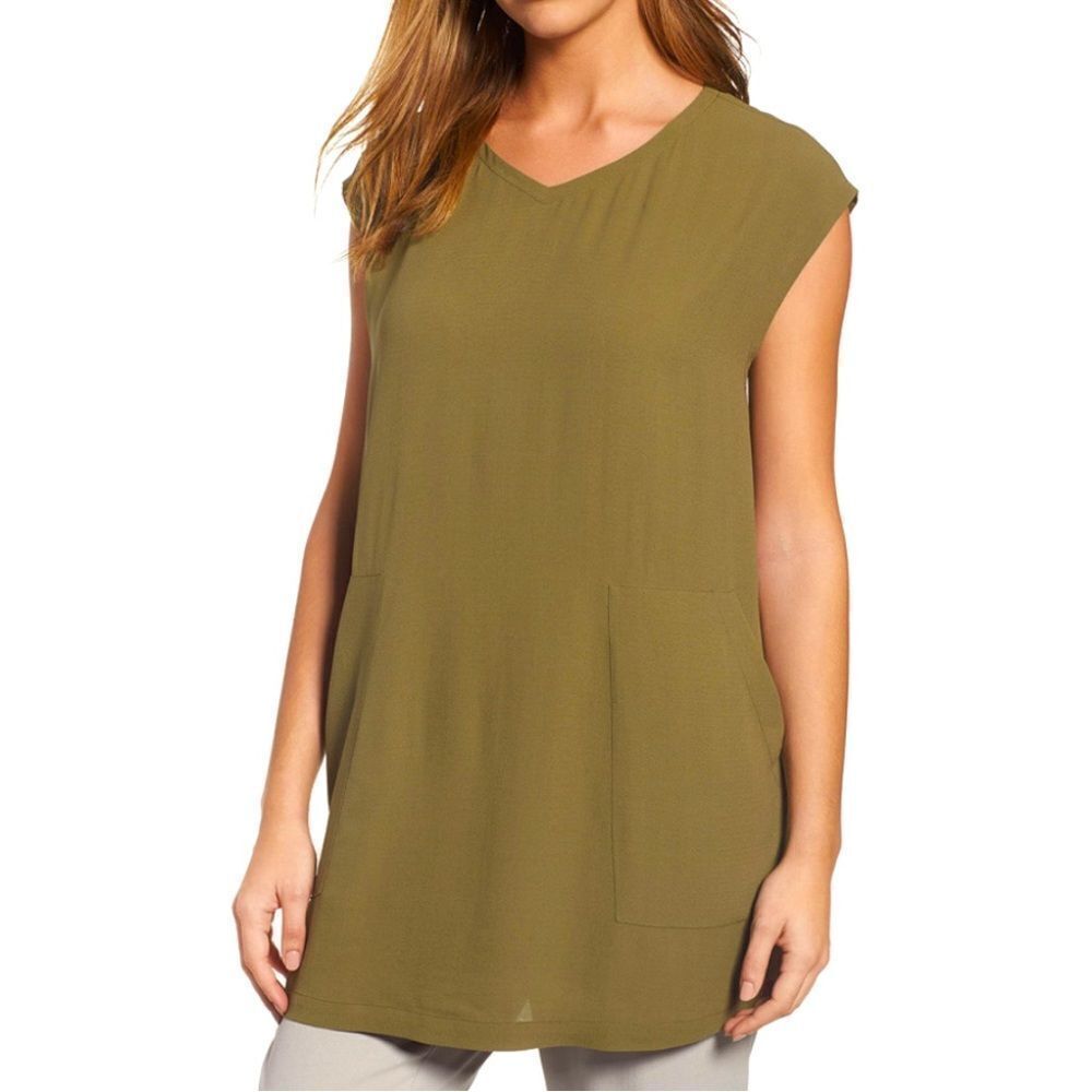 Eileen Fisher V-Neck Silk Georgette Crepe Tunic w/ Pockets Sz SP NWOT